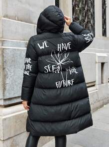 EURMUSE Veste matelassée mi-longue avec imprimé lettre et floral pour femmes grande taille, pour l'hiver - Noir - Voir 2