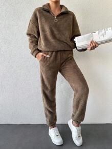EURMUSE Half Zip Drop Shoulder Teddy Sweatshirt & Pants - Brown - View 6