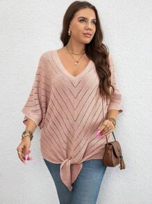 SHEIN LUNE Hơn Dệt kim chấm bi tay cánh Nút viền Áo len - Hồng - Xem 6