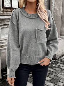 SHEIN LUNE Women's Pocket Loose Pullover Sweater - Grey - View 6