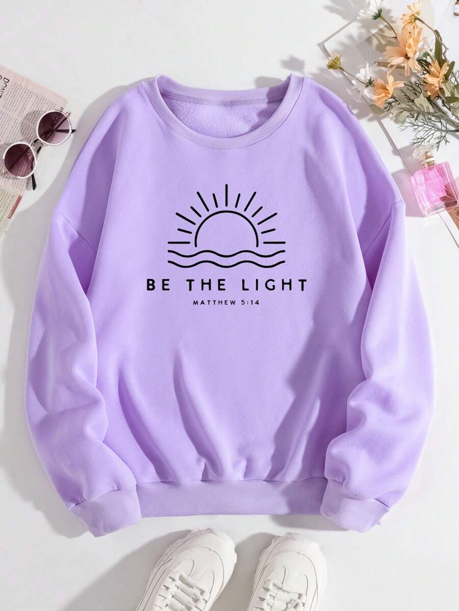 SHEIN Essnce Của phụ nữ mặt trời Thương hiệu In Lông cừu Áo nỉ - Màu tím - Xem 1