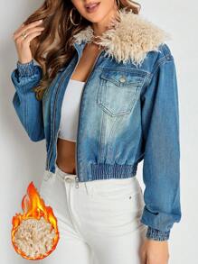 SHEIN Privé Fuzzy Collar Flap Pocket Denim Jacket - Dark Wash - View 1