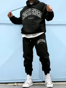 Extended Sizes Men Plus Letter Print Hooded Sweatshirt And Pants Tracksuit Set - Black - View 3