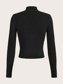 SHEIN EZwear 大碼女性鬆動拉鍊套頭毛衣開襟衫 - 黑色 - 查看 2