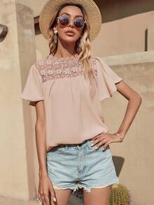 SHEIN LUNE Lace Mock Neck Butterfly Sleeve Blouse - Apricot - View 3
