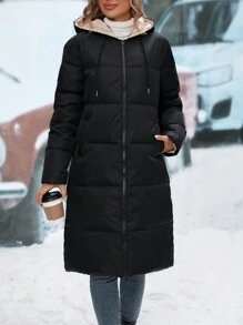 SHEIN LUNE Side Pocket Upward Zipper Hooded Down Jacket - Black - View 4