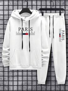 Manfinity Homme Men's Letter Printed Hooded Sweatshirt And Pants Set With Drawstring - White - View 5
