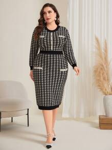 Modelyn Plus Size Women's Houndstooth Sweater Dress - Black and White - View 1
