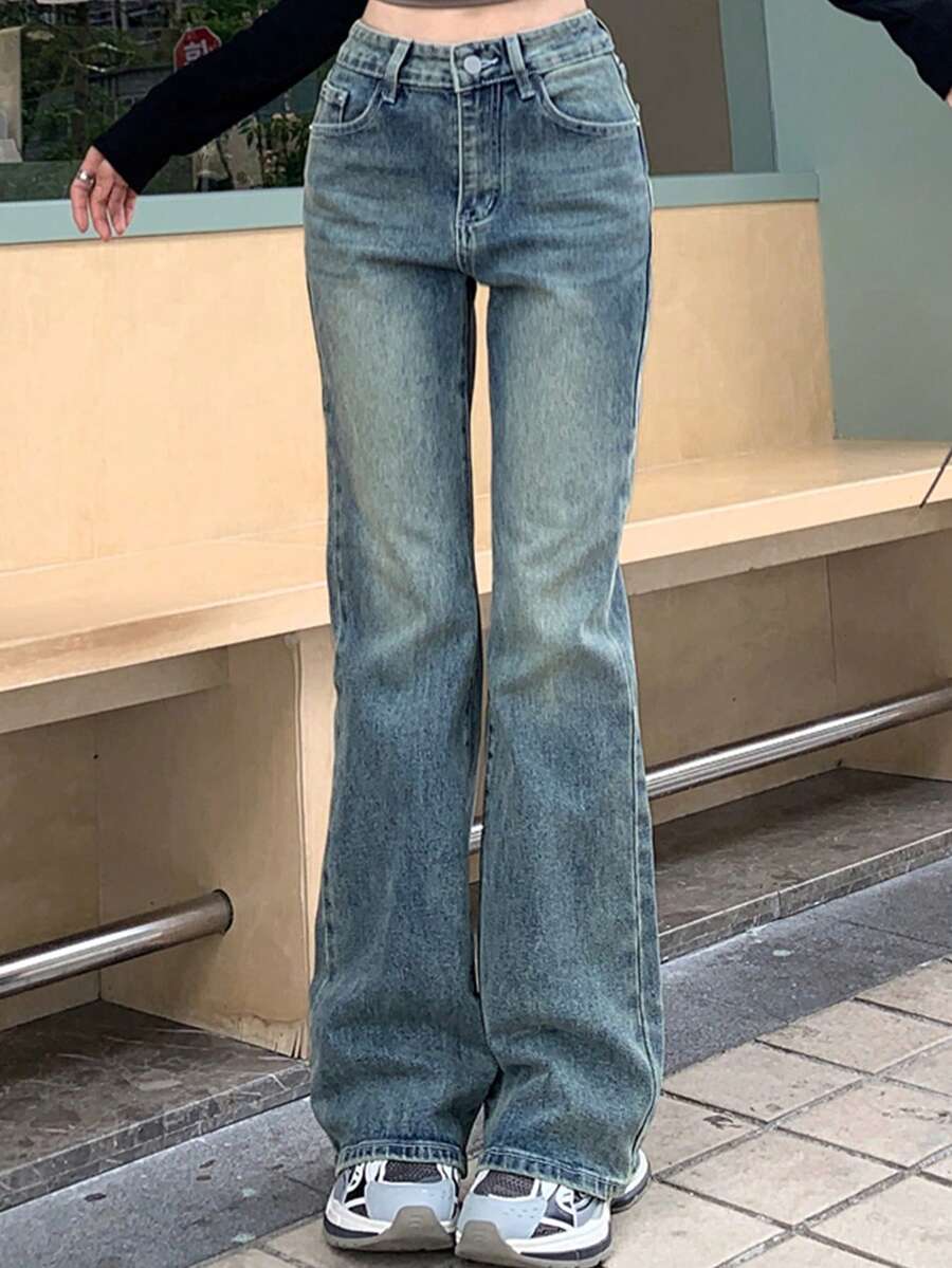 Vintage High Waisted Blue Denim Boot Cut Pants For Slimming - Blue - View 1