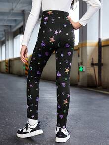 SHEIN 少女反光星星&蝴蝶印花紙巾緊身褲 - 黑色 - 查看 2