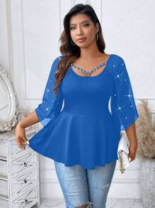 SHEIN Clasi 大尺寸串珠鏤空腰部收緊上衣 - 寶藍色 - 查看 6