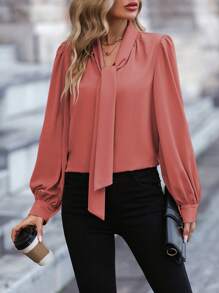 SHEIN LUNE 純色綁帶前裝襯衫 - 紅木色 - 查看 5