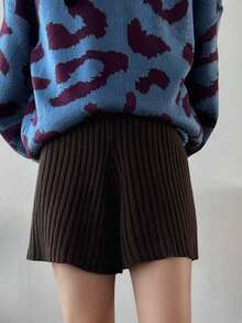 FRIFUL Women's Solid Color Knitted Sweater Shorts - Coffee Brown - View 3