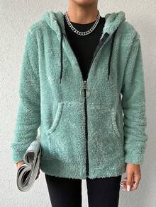 Cottnline 拉鍊式束繩帽毛絨夾克 - 薄荷綠 - 查看 3