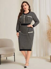 Modelyn Plus Size Women's Houndstooth Sweater Dress - Black and White - View 5