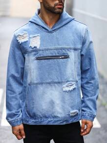 Manfinity LEGND Loose Fit Men's Distressed Hooded Denim Jacket With Kangaroo Pocket - Medium Wash - View 7