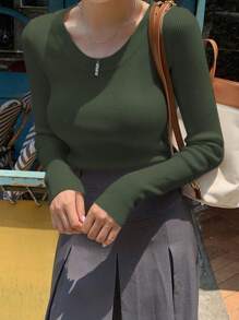 DAZY 女士纯色圆领长袖休闲商务套头衫，秋季，长袖上衣，秋季女装 - 軍綠色 - 查看 4