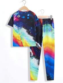 SHEIN Tween Boy Astronaut Print Tee & Pants Snug Fit PJ Set - Multicolor - View 2