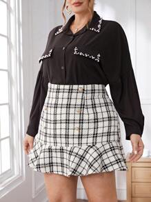 SHEIN Privé Plus Size Casual Elegant Plaid Ruffled Tweed Skirt - Black and White - View 6