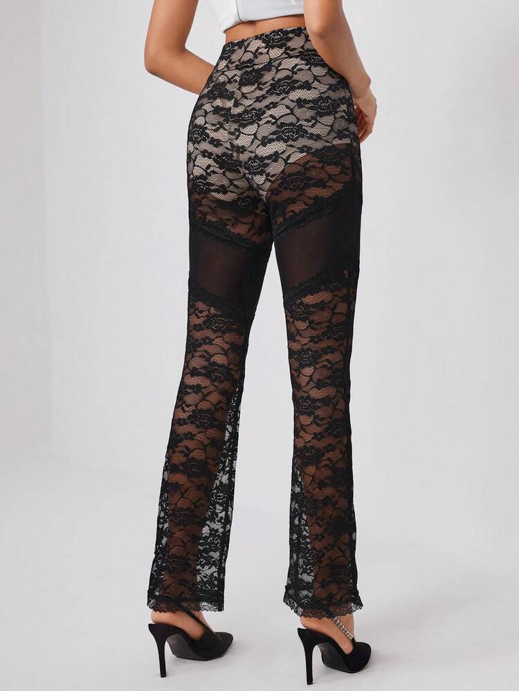 Designer High Waist Lace Flare Leg Pants, Women, For Summer, Holiday, Festival