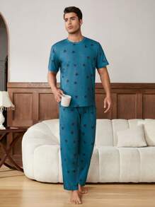 Men's Short Sleeve And Long Pants Home Clothes Set - Multicolor - View 4