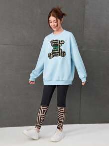 SHEIN 少女熊圖案蝴蝶結細節下垂肩保暖套衫和緊身褲 - 淺藍色 - 查看 3