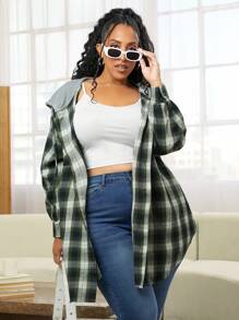 SHEIN CURVE+ Plus Plaid Print Drawstring Hooded Coat - Multicolor - View 4