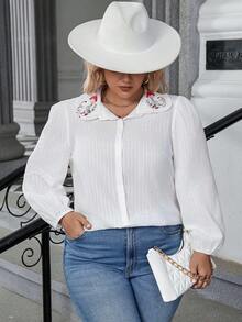 Calvaya Plus Floral Embroidery Lantern Sleeve Shirt - White - View 4