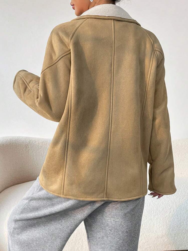 Loose Fit Fur-Trimmed Faux Leather Raglan Sleeve Coat