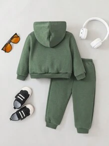 SHEIN 嬰兒男童足球圖案連帽衫和彈性腰帶褲套裝 - 綠色 - 查看 2