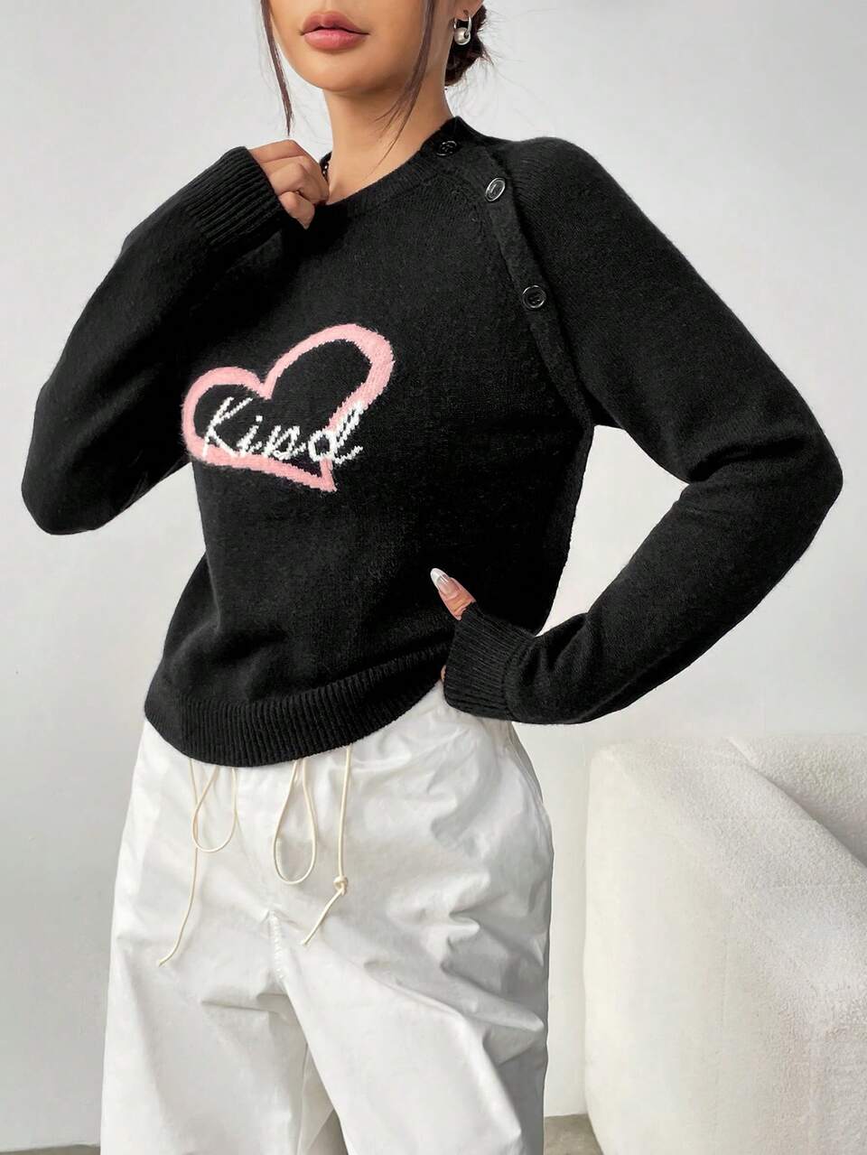 Women's Raglan Sleeve Sweater With Letter And Heart Pattern Knit Pullover Fall Winter Sweater