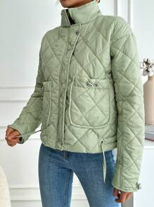 EURMUSE Chaqueta Acolchada De Color Sólido Con Bolsillos De Parche Con Cordón De Decoración - Verde - Ver 3