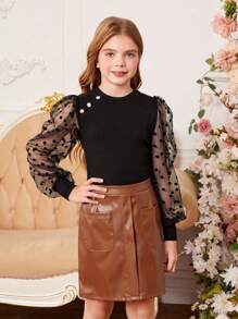 Cô gái Tween Dệt kim Vá lại Ống tay áo Áo Và Dệt Chất rắn chất liệu da PU Váy chữ A Bộ - màu đen - Xem 3