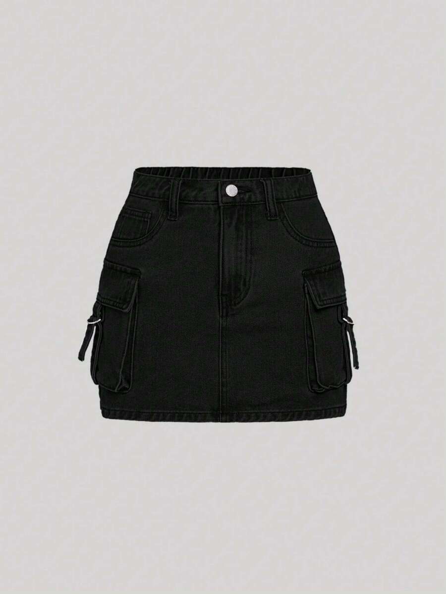 SHEIN 青少年女孩翻蓋口袋帶扣細節牛仔半身裙 - 黑色 - 查看 1