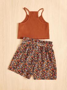 SHEIN Cô gái Tween Chất rắn Cami ngọn & In hoa Ditsy Nếp gấp cao eo Quần Short có thắt lưng - Màu Khaki - Xem 2