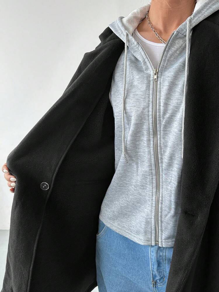 1pc Women's Solid Color Thigh-Length Thermal Lined Hooded Casual Jacket, Autumn/Winter