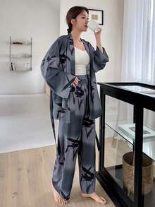 DAZY 女士漸變植物印花腰帶上衣和褲子睡衣套裝 - 深灰色 - 查看 3