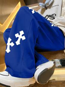 Manfinity EMRG 鬆身男士交叉印花休閒長褲，彈性腰帶設計 - 藍色 - 查看 2