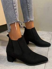 Women's Chelsea Short Boots, Pointed Toe Slip-on Low Chunky Heel Shoes, Comfortable Suede Ankle Boots - Black - View 3