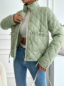 EURMUSE Chaqueta Acolchada De Color Sólido Con Bolsillos De Parche Con Cordón De Decoración - Verde - Ver 4