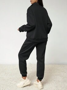 SHEIN EZwear Women's Solid Color Sweatshirt And Sweatpants Two-piece Set - Black - View 2