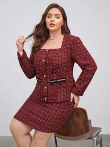 BizChic Hơn Hoa văn kẻ sọc Cổ vuông Tweed Áo khoác & Váy - Đỏ - Xem 7