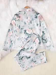 SHEIN Cô gái Hoa In Trang phục mặc nhà Bộ - Màu xanh nhạt - Xem 2
