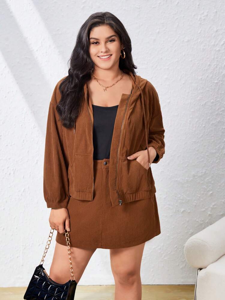 Plus Size Corduroy Drawstring Jacket And Skirt Two Piece Set