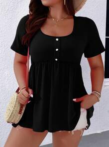 EMERY ROSE Plus Size Women's Ruffle Trim Hem T-Shirt - Black - View 5