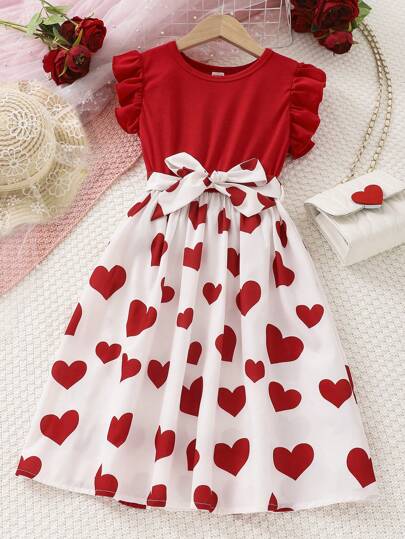 SHEIN Tween女孩夏季顏色拼接心形印花拼接腰帶荷葉邊裙裝