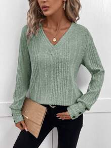 SHEIN LUNE Women's Ribbed Knit T-shirt - Green - View 1