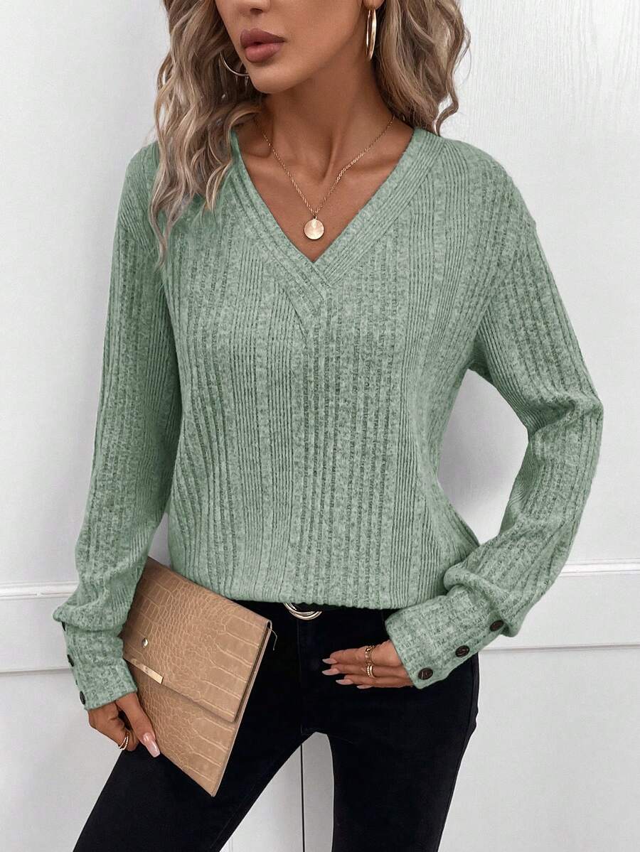 SHEIN LUNE Women's Ribbed Knit T-shirt - Green - View 1