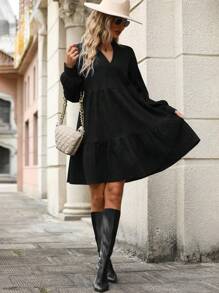 SHEIN Clasi Solid Loose Fit V-neck Long Sleeve Dress - Black - View 6