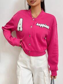 SHEIN Unity Áo khoác Raglan cài nút họa tiết chữ thường ngày dành cho nữ, mùa thu - Màu Hồng Tươi - Xem 4